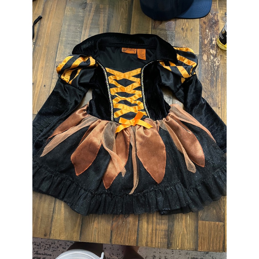 SPOOKED Witch Halloween Costume Dress Girls M 5-6 Black Orange Tutu Velvet